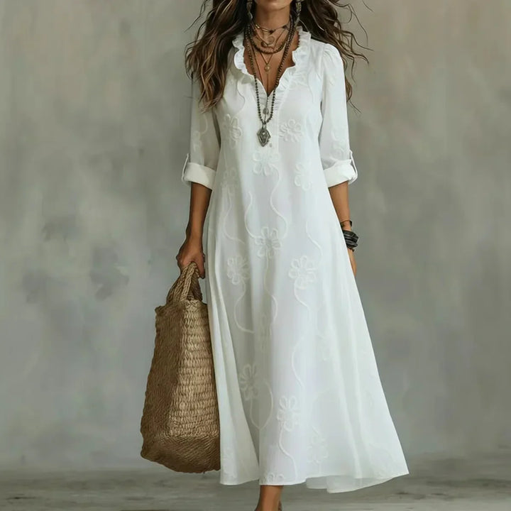 Talira - Roll-Tab Sleeve Floral Print Maxi Dress