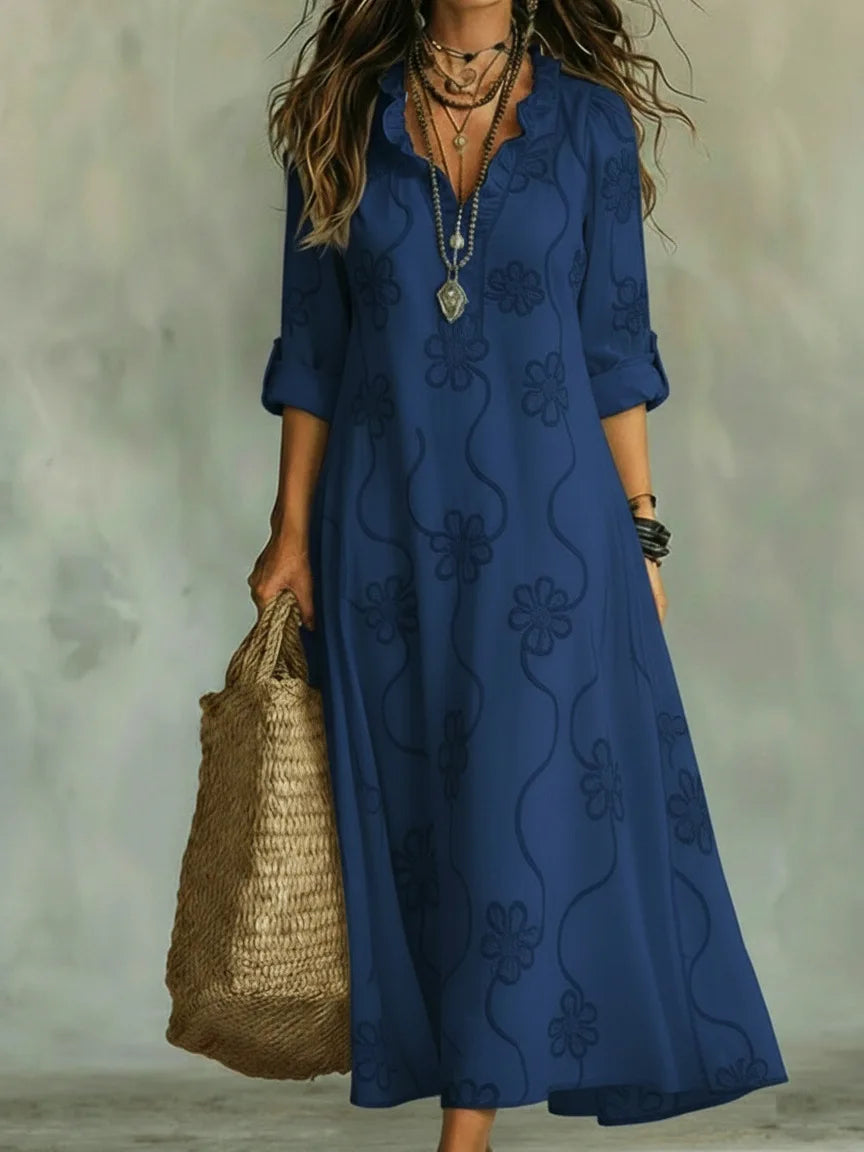 Talira - Roll-Tab Sleeve Floral Print Maxi Dress