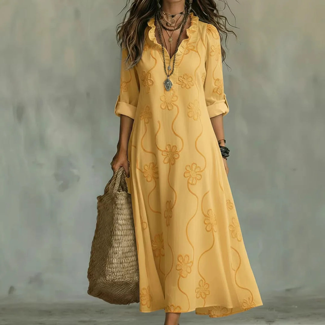 Talira - Roll-Tab Sleeve Floral Print Maxi Dress