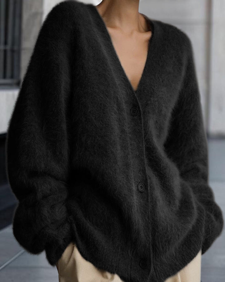 Vesina - Drop-Shoulder Fuzzy Knit Cardigan