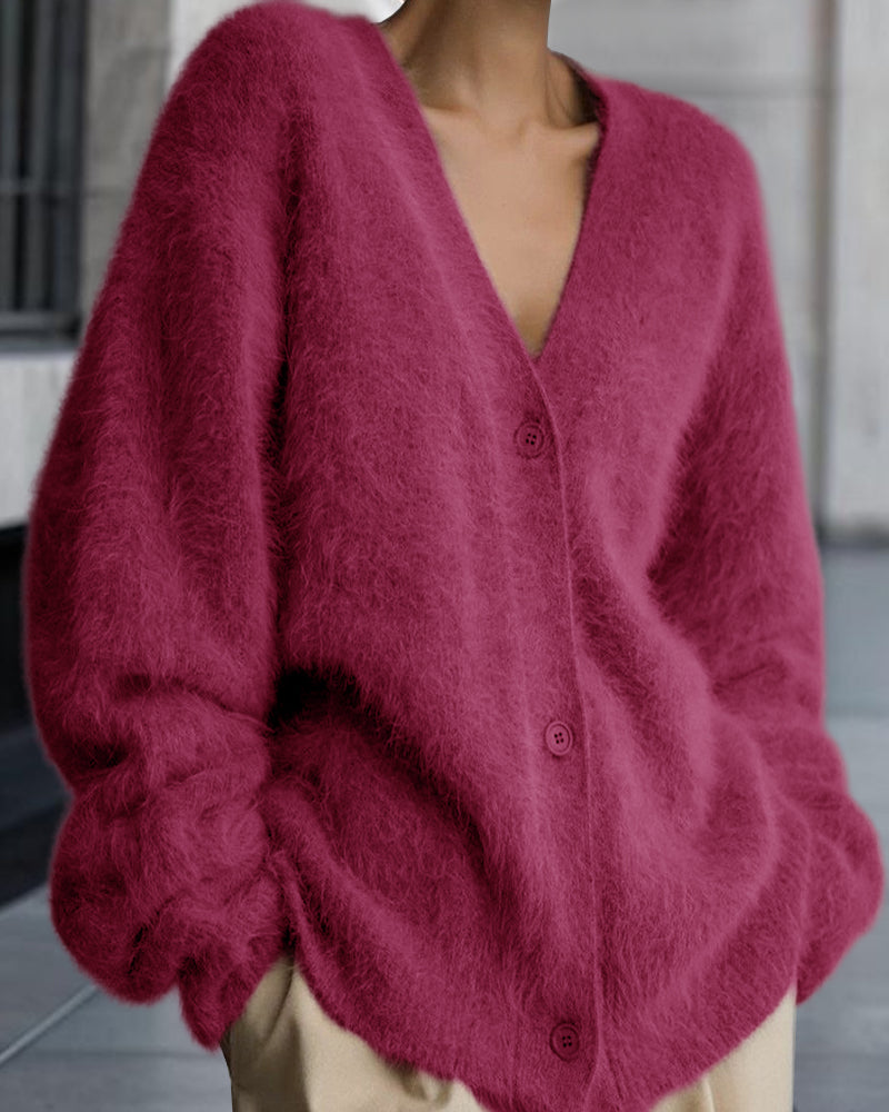 Vesina - Drop-Shoulder Fuzzy Knit Cardigan