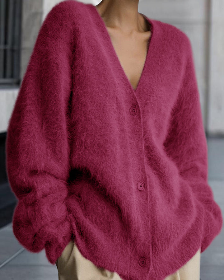Vesina - Drop-Shoulder Fuzzy Knit Cardigan