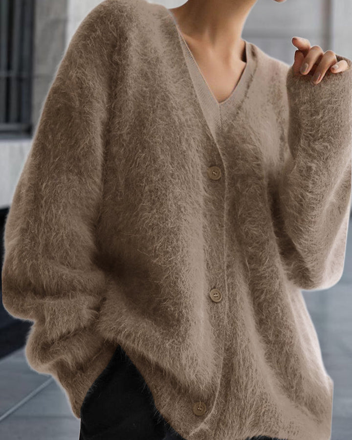 Vesina - Drop-Shoulder Fuzzy Knit Cardigan