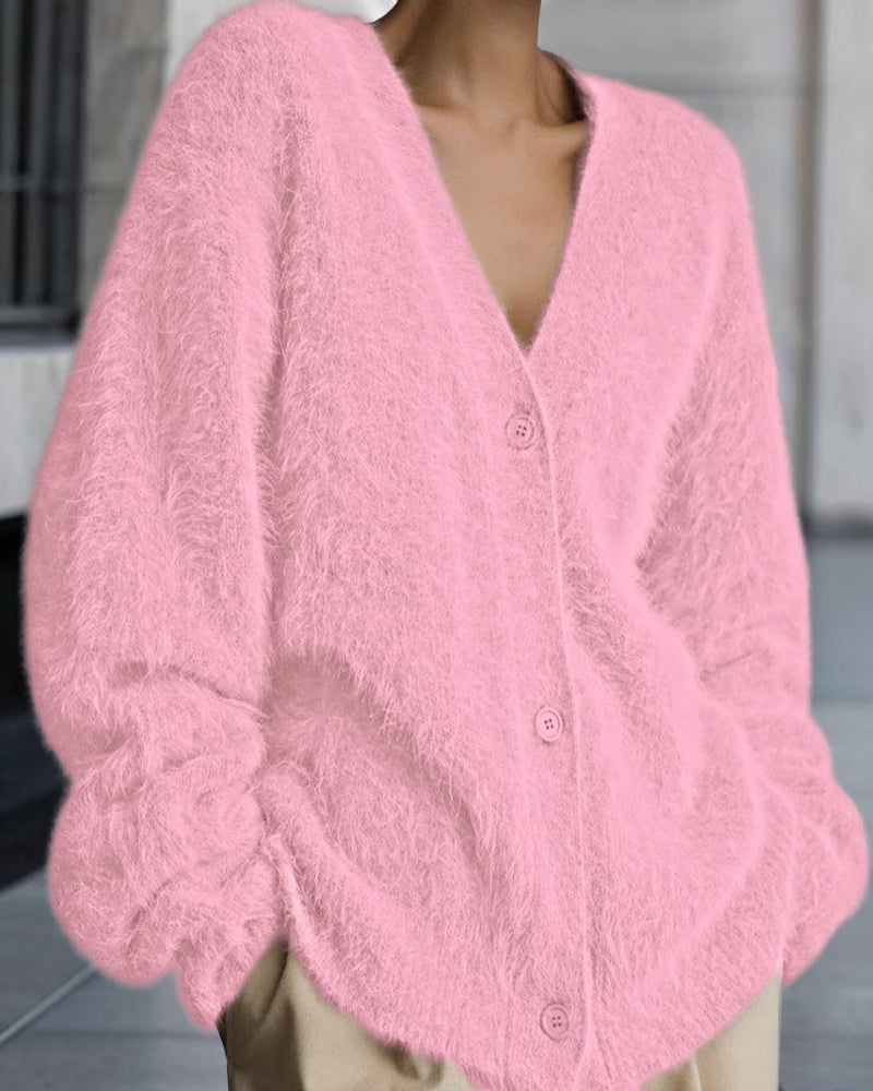 Vesina - Drop-Shoulder Fuzzy Knit Cardigan