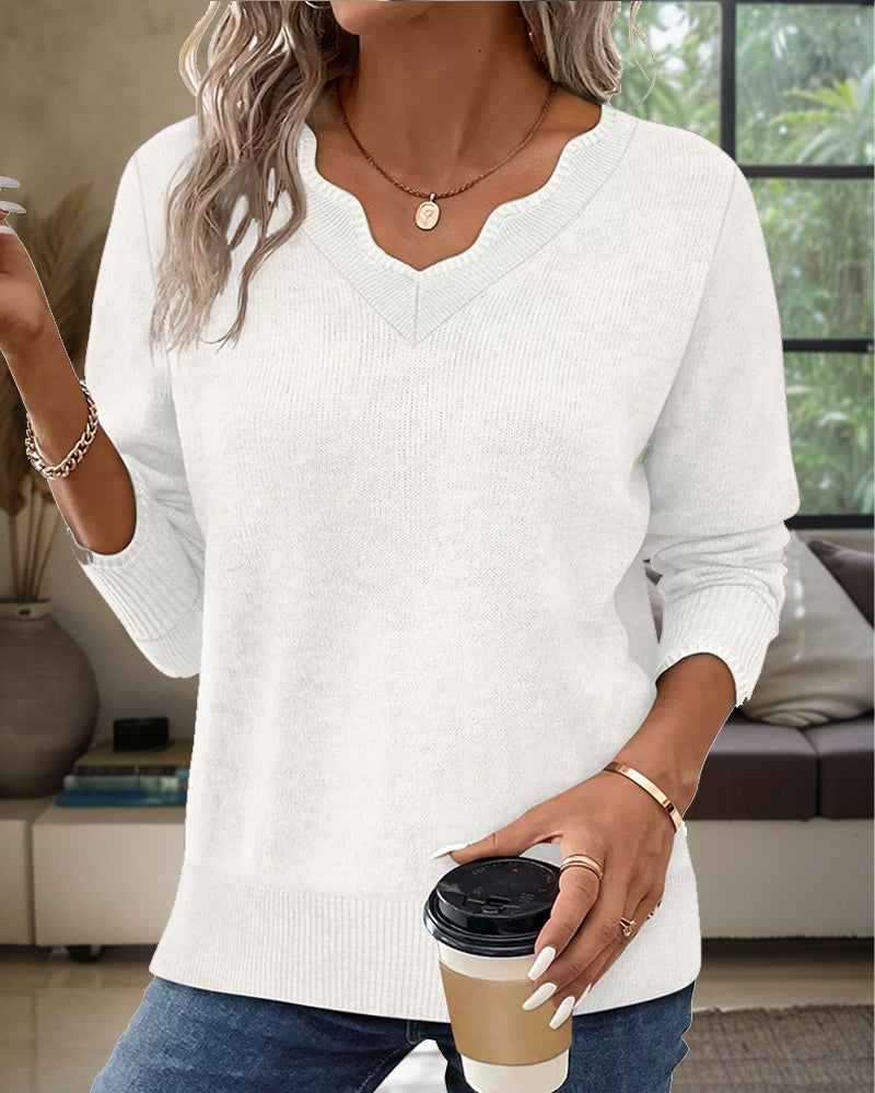 Rialyn - Scalloped V-Neck Knit Sweater