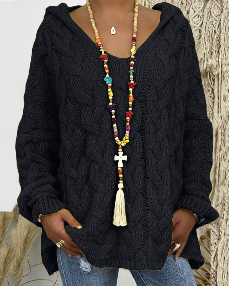 Leniva - Hooded Cable Knit Sweater