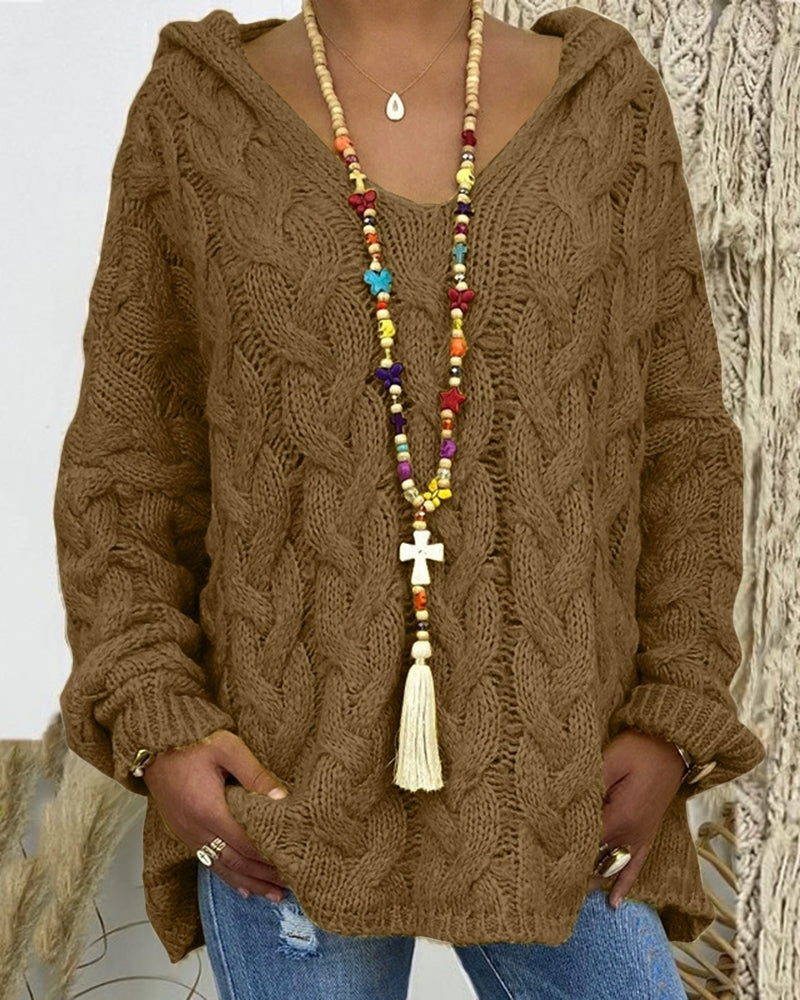 Leniva - Hooded Cable Knit Sweater