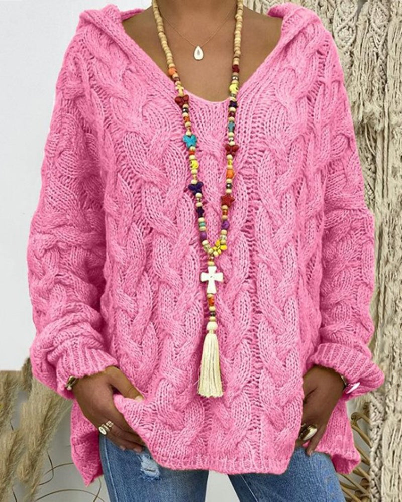 Leniva - Hooded Cable Knit Sweater