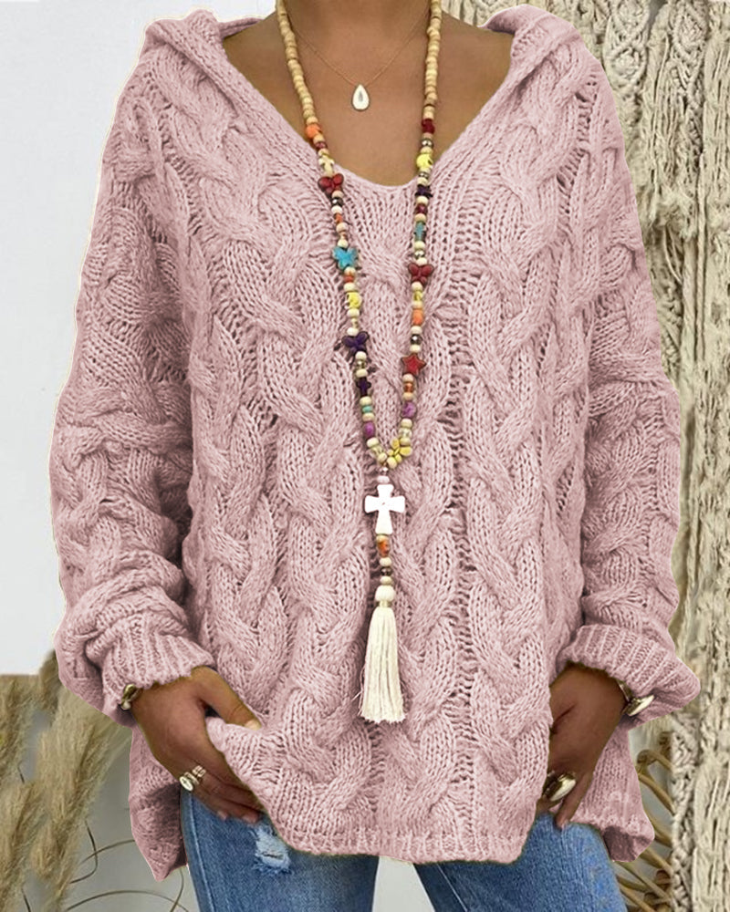 Leniva - Hooded Cable Knit Sweater