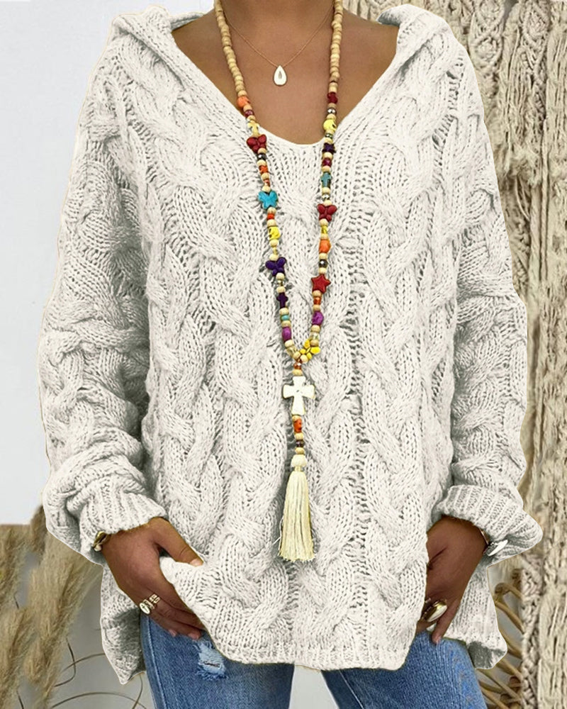 Leniva - Hooded Cable Knit Sweater