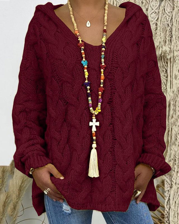 Leniva - Hooded Cable Knit Sweater