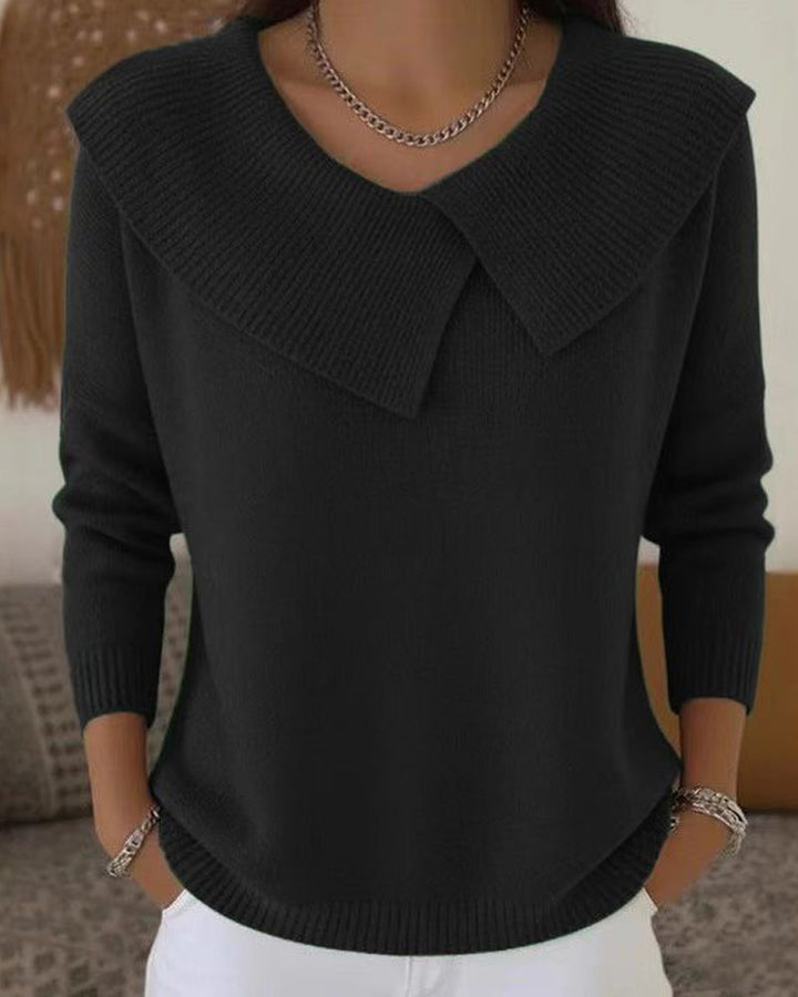 Luniva - Asymmetrical Lapel Ribbed Knit Sweater