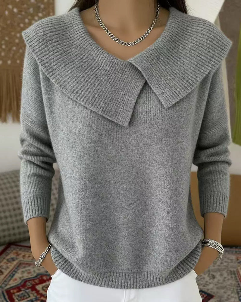 Luniva - Asymmetrical Lapel Ribbed Knit Sweater