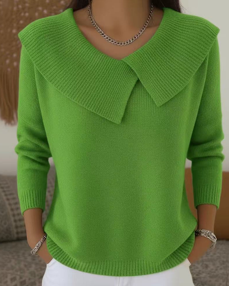 Luniva - Asymmetrical Lapel Ribbed Knit Sweater