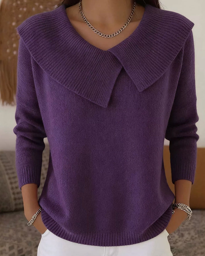 Luniva - Asymmetrical Lapel Ribbed Knit Sweater