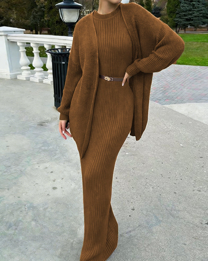 Nivara - Bodycon Ribbed-Knit Dress And Cardigan Set