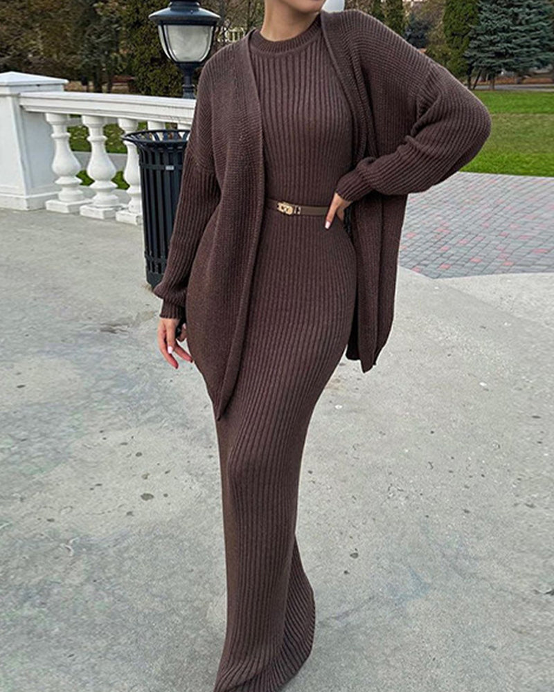 Nivara - Bodycon Ribbed-Knit Dress And Cardigan Set