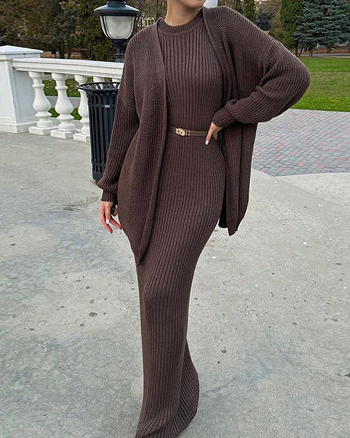 Nivara - Bodycon Ribbed-Knit Dress And Cardigan Set
