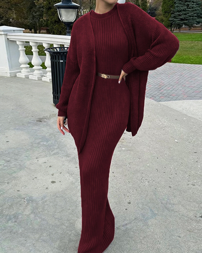 Nivara - Bodycon Ribbed-Knit Dress And Cardigan Set