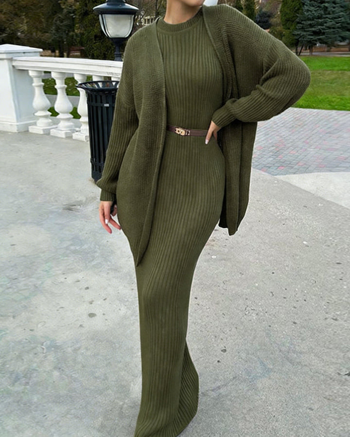 Nivara - Bodycon Ribbed-Knit Dress And Cardigan Set