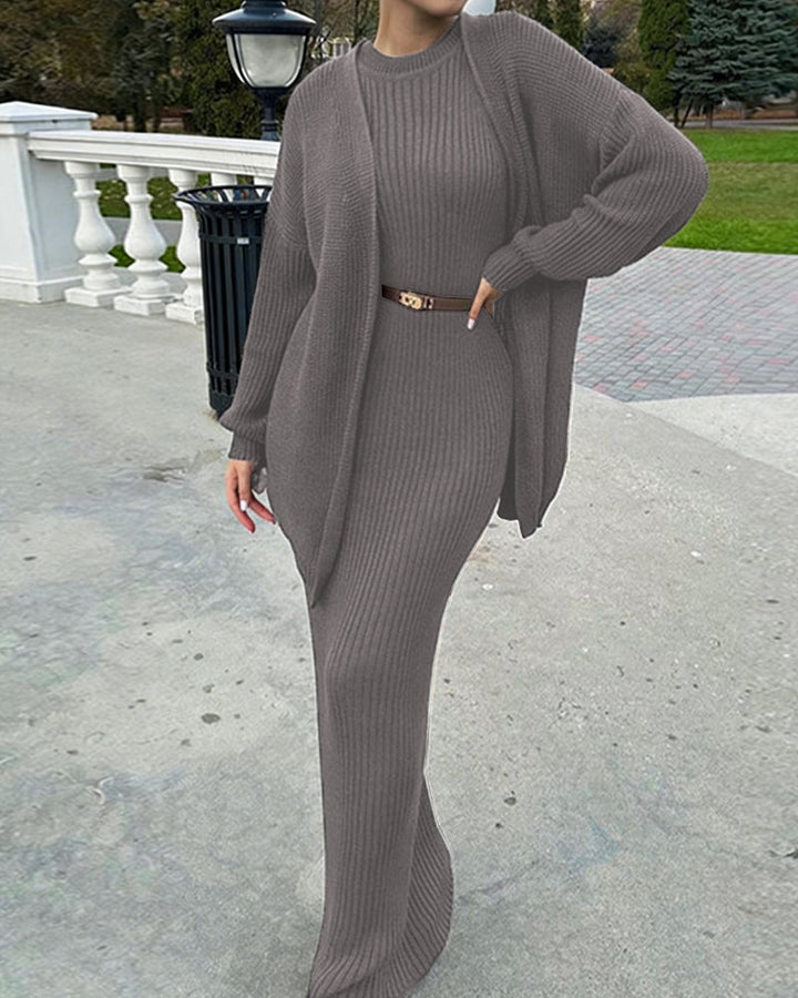 Nivara - Bodycon Ribbed-Knit Dress And Cardigan Set