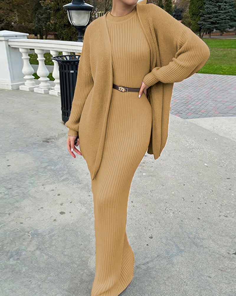Nivara - Bodycon Ribbed-Knit Dress And Cardigan Set