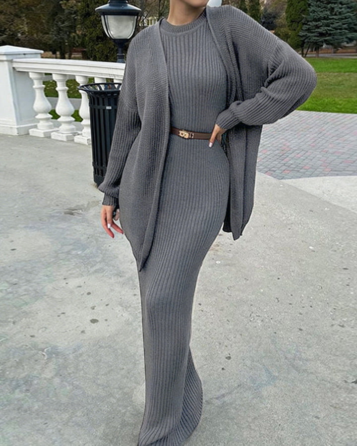 Nivara - Bodycon Ribbed-Knit Dress And Cardigan Set