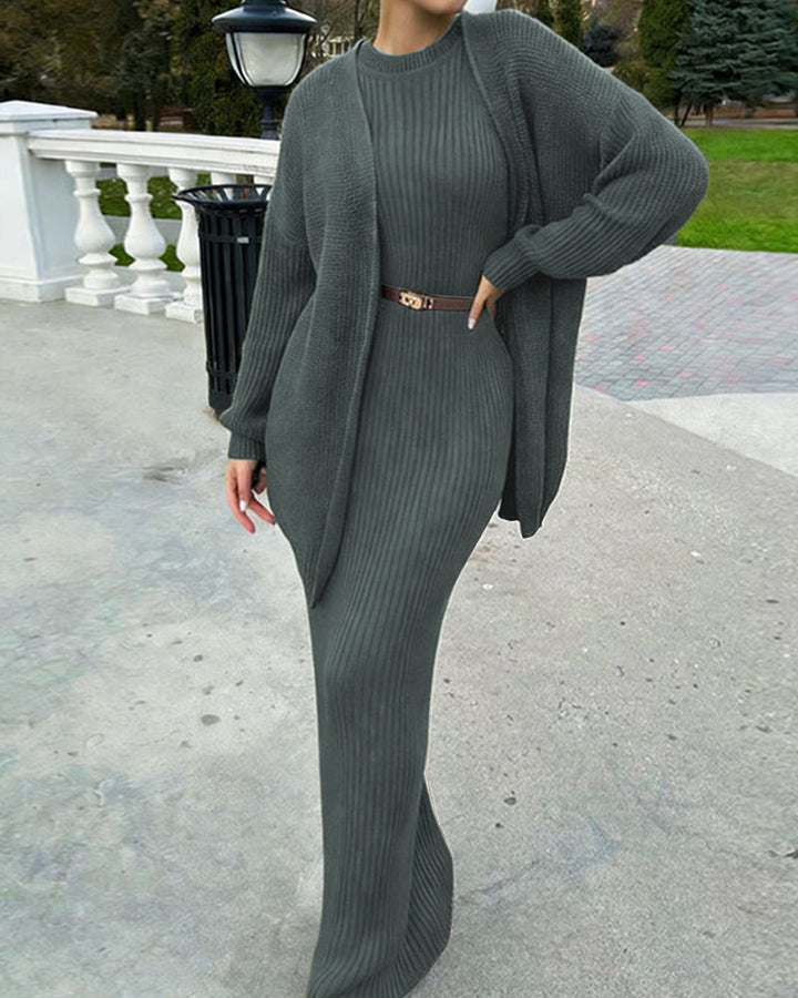 Nivara - Bodycon Ribbed-Knit Dress And Cardigan Set