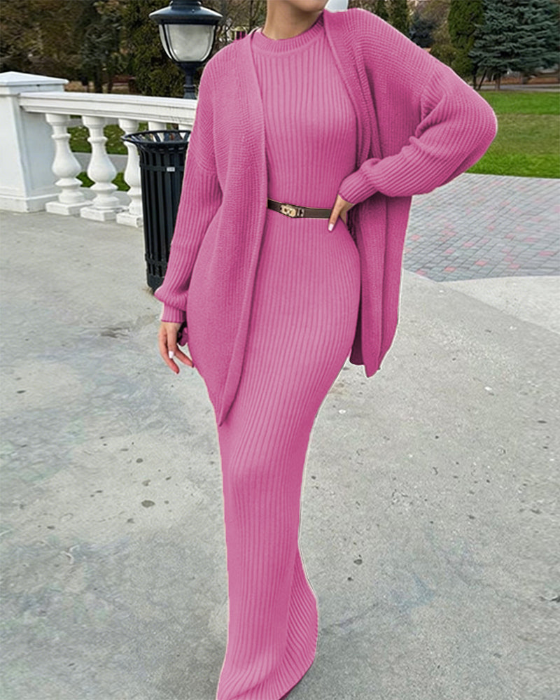 Nivara - Bodycon Ribbed-Knit Dress And Cardigan Set