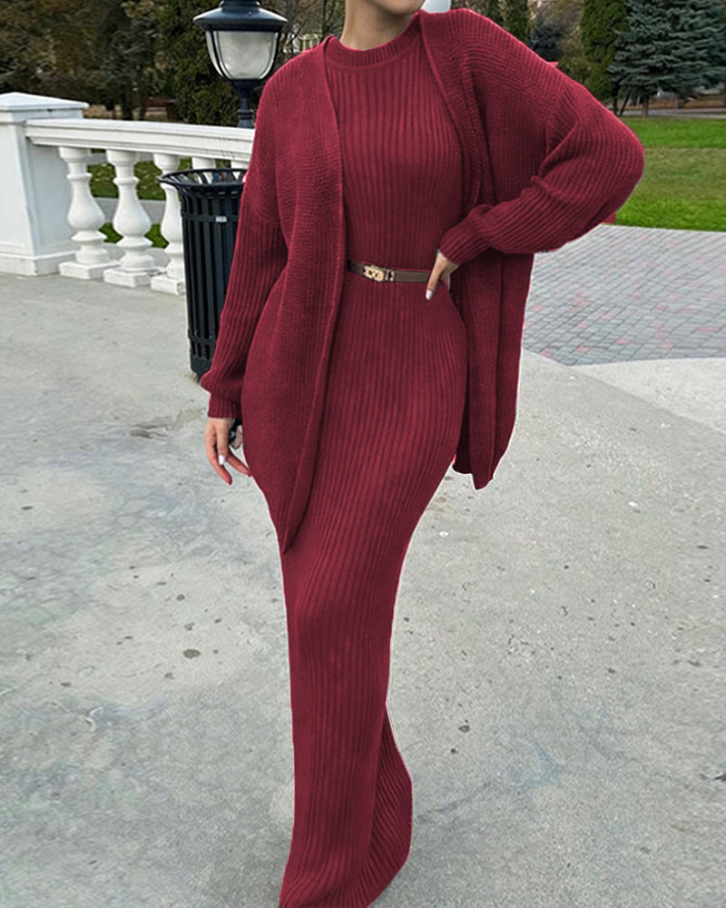 Nivara - Bodycon Ribbed-Knit Dress And Cardigan Set
