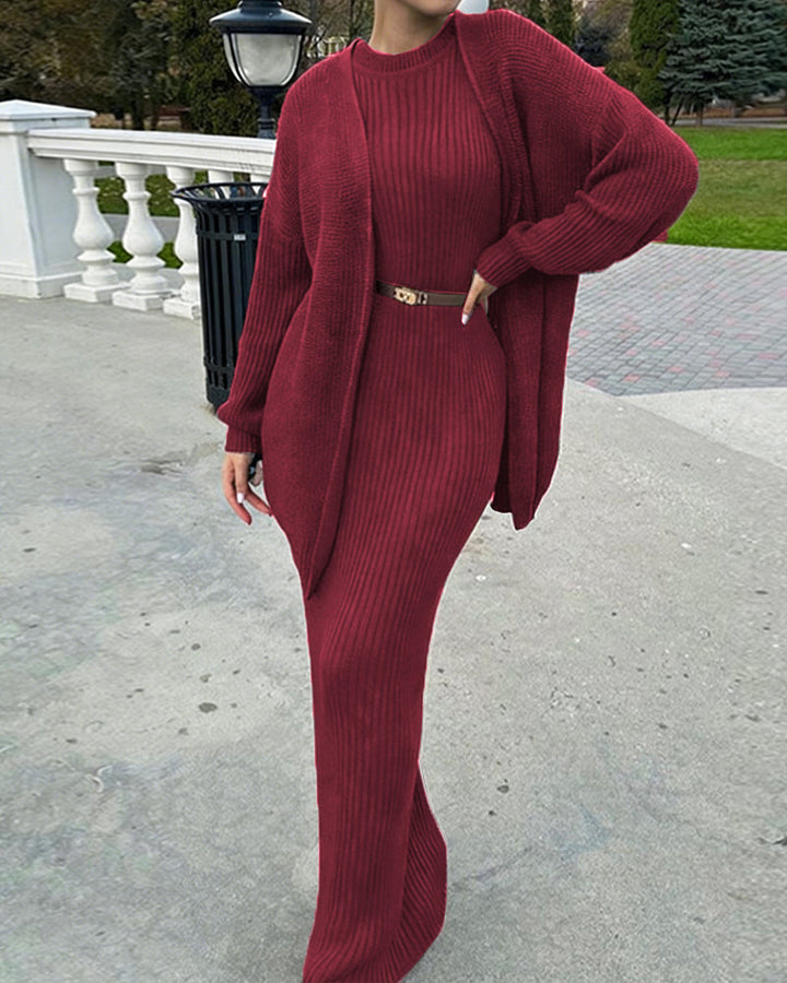 Nivara - Bodycon Ribbed-Knit Dress And Cardigan Set