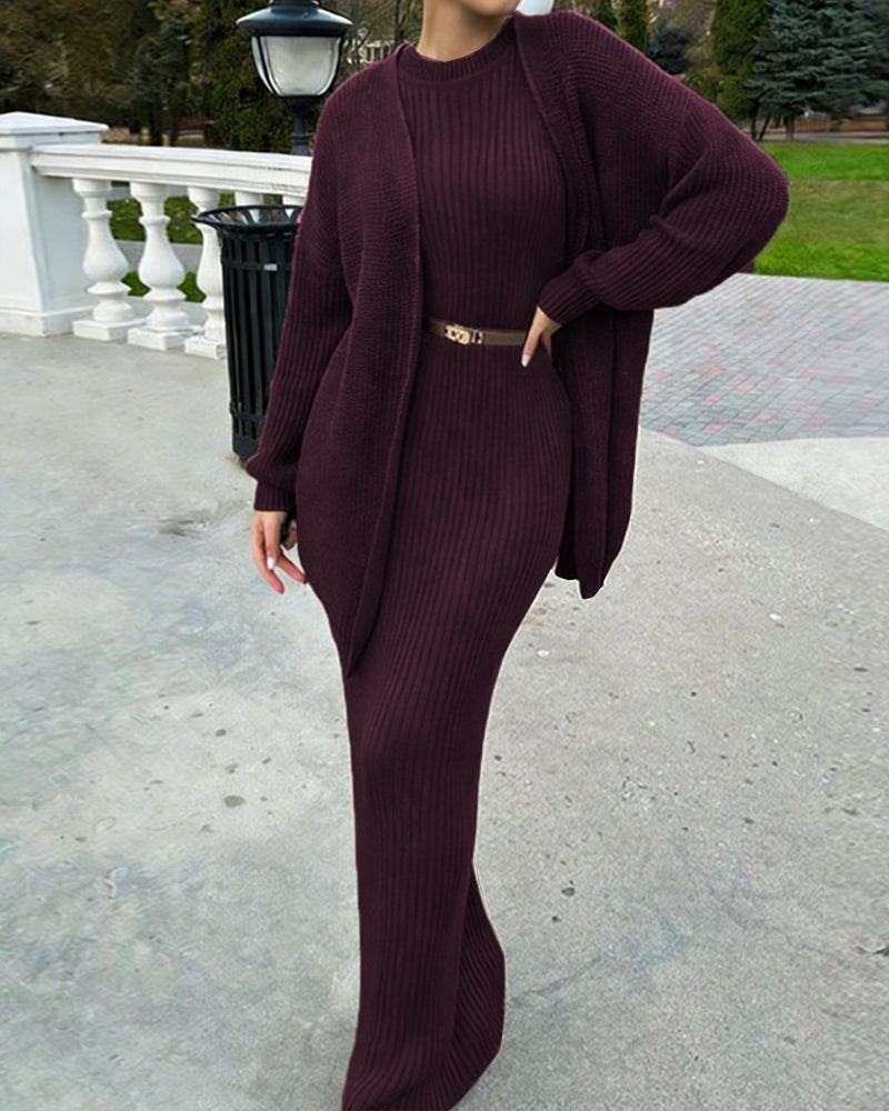 Nivara - Bodycon Ribbed-Knit Dress And Cardigan Set