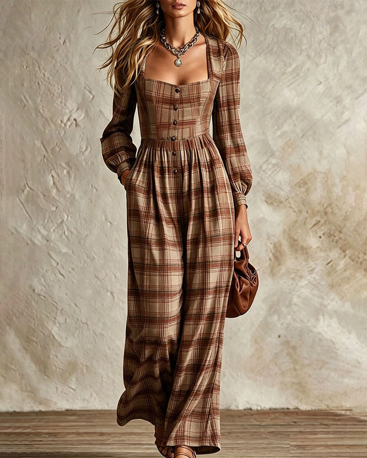 Evala - Lantern-Sleeve Woven Plaid Jumpsuit