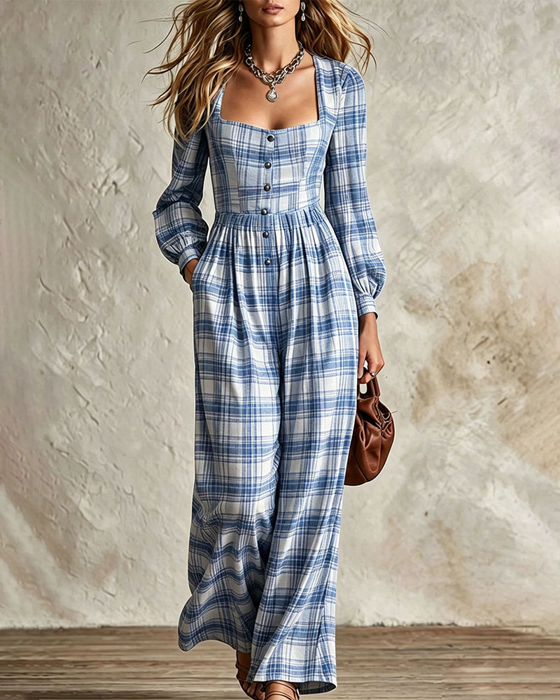 Evala - Lantern-Sleeve Woven Plaid Jumpsuit
