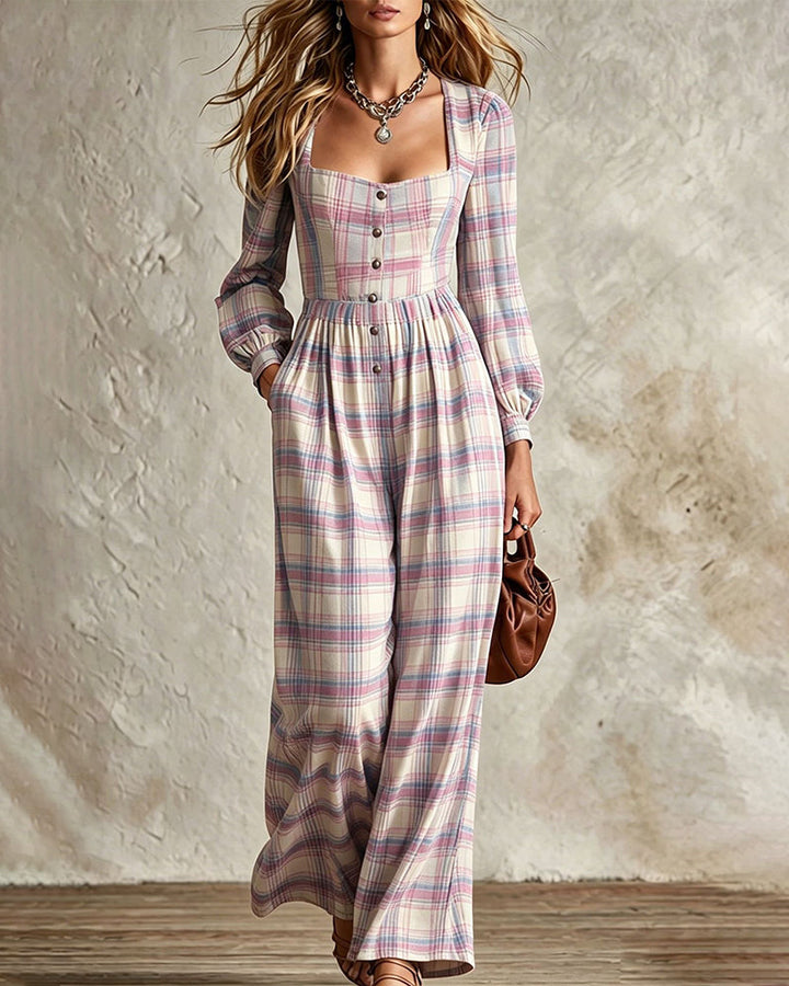 Evala - Lantern-Sleeve Woven Plaid Jumpsuit