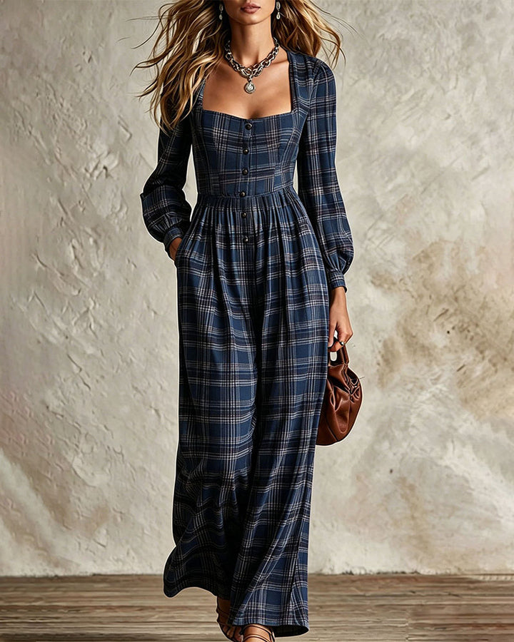 Evala - Lantern-Sleeve Woven Plaid Jumpsuit