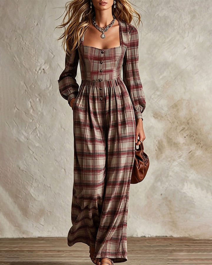 Evala - Lantern-Sleeve Woven Plaid Jumpsuit