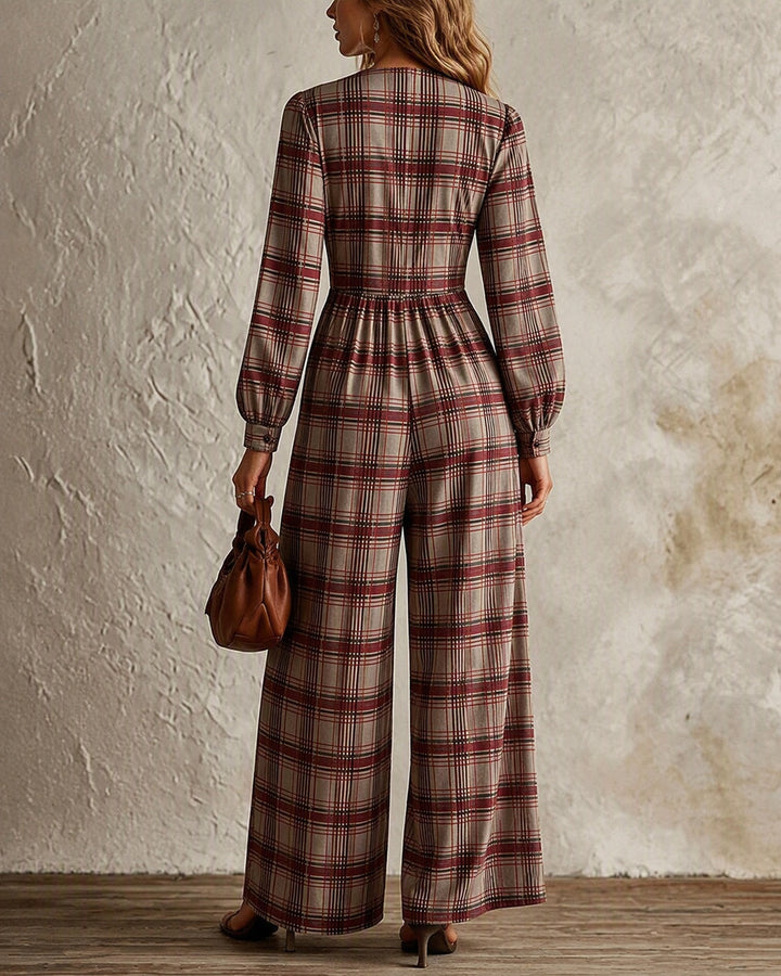 Evala - Lantern-Sleeve Woven Plaid Jumpsuit