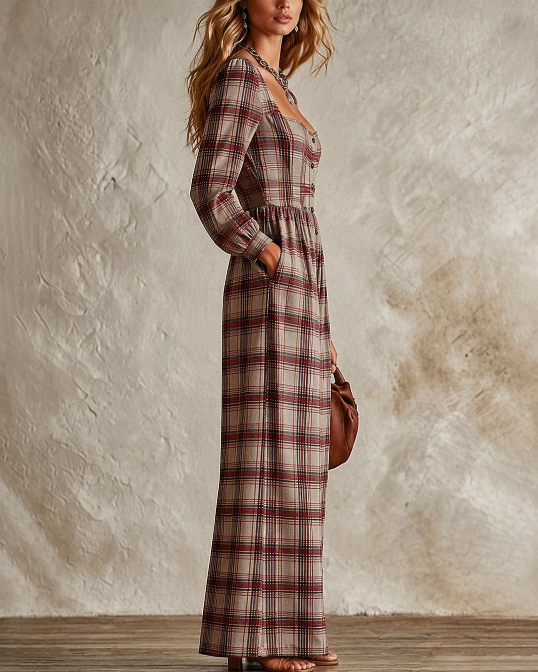 Evala - Lantern-Sleeve Woven Plaid Jumpsuit