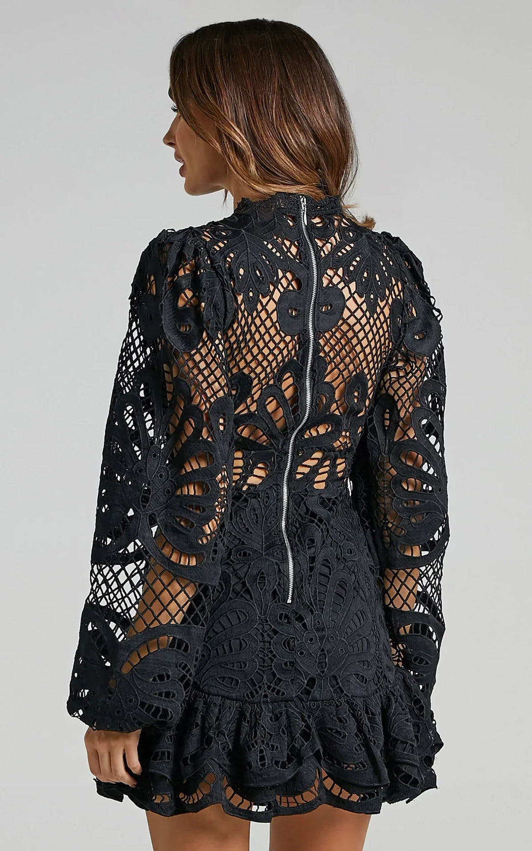 Noreva - Standing Collar Cutwork Lace Mini Dress