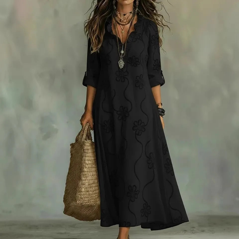 Talira - Roll-Tab Sleeve Floral Print Maxi Dress