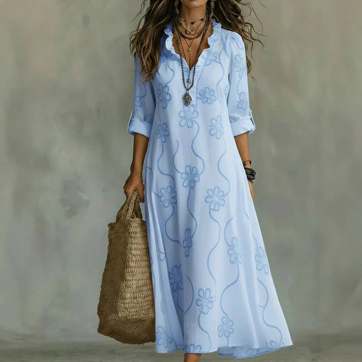 Talira - Roll-Tab Sleeve Floral Print Maxi Dress
