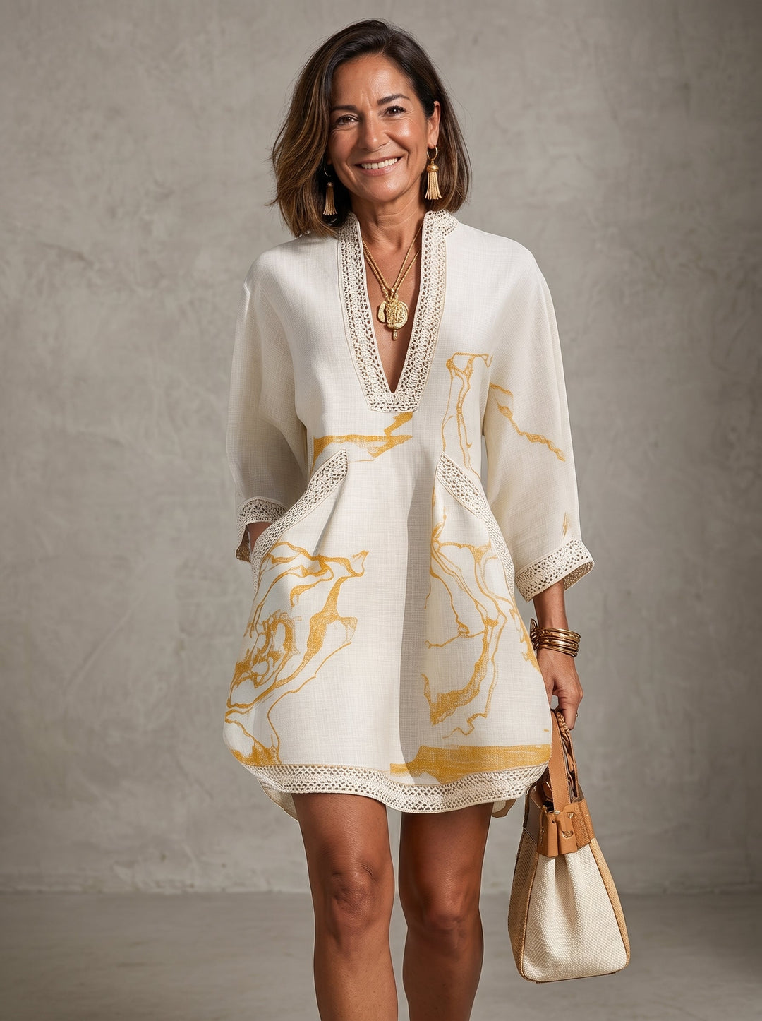 Jevina - Crochet Lace-Trim Linen-Blend Minidress