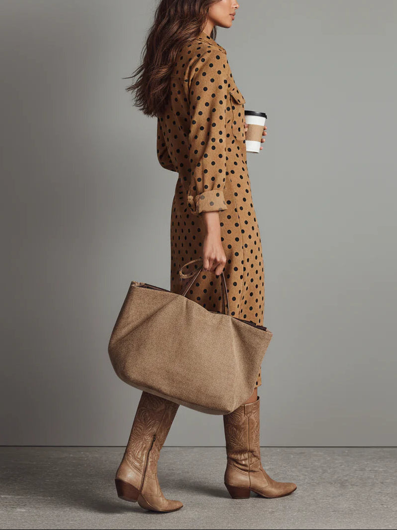 Relina - Polka Dot Suede-Effect Midi Shirt Dress