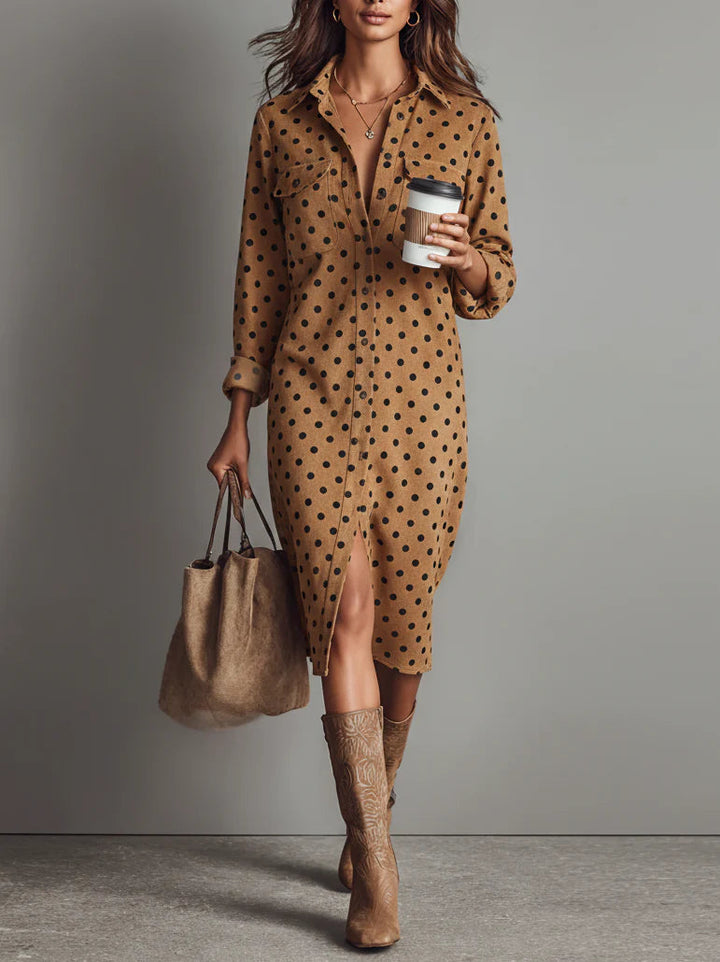 Relina - Polka Dot Suede-Effect Midi Shirt Dress