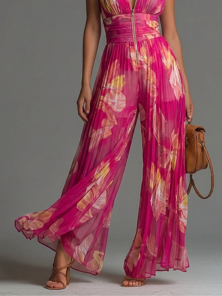 Nivora - Wide-Leg Pleated Chiffon Jumpsuit