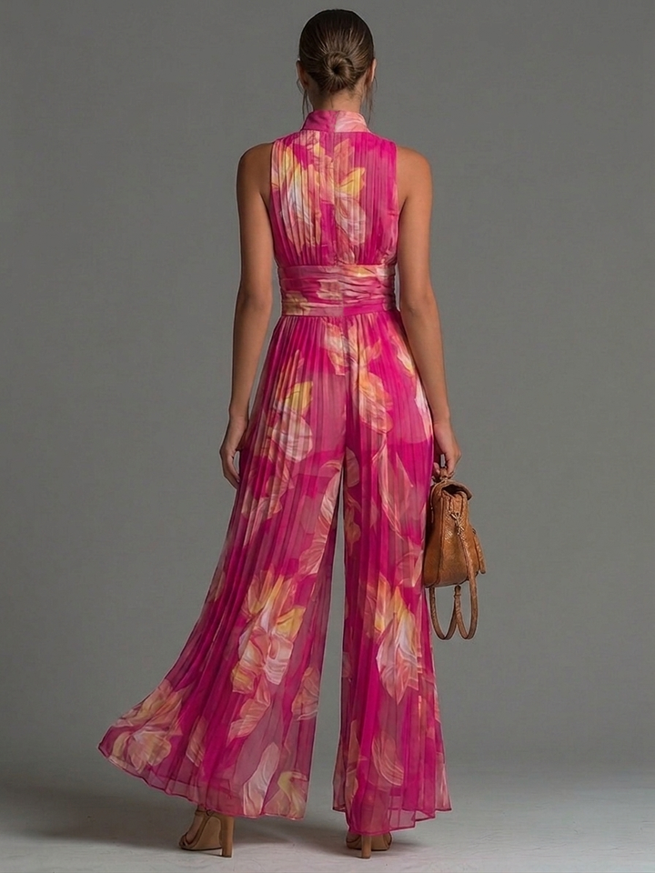 Nivora - Wide-Leg Pleated Chiffon Jumpsuit