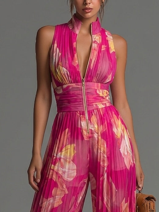 Nivora - Wide-Leg Pleated Chiffon Jumpsuit
