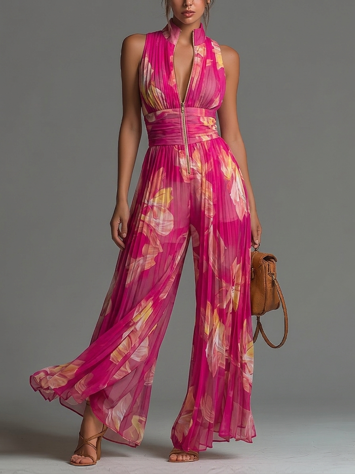 Nivora - Wide-Leg Pleated Chiffon Jumpsuit