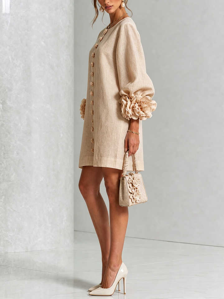 Rilane - Rosette Sleeve Linen-Blend Shirt Dress